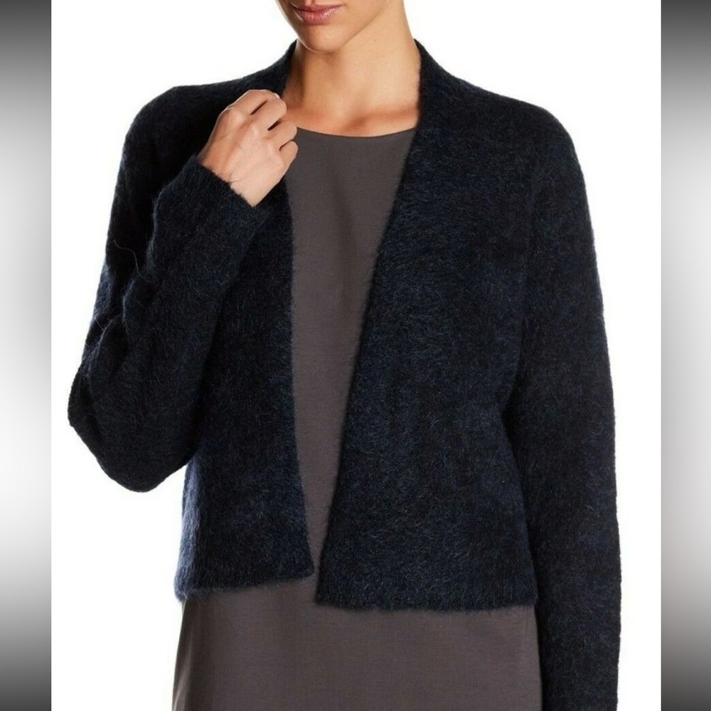 Eileen Fisher Mohair Plush Melange Fir Sweater Cardigan Size Large Black